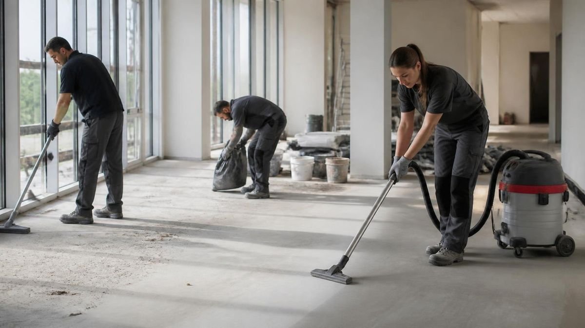 Équipe nettoyant un plateau après travaux