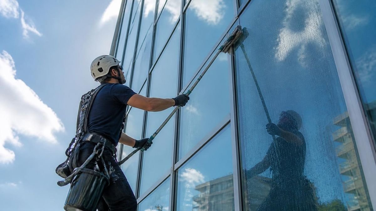 Agent nettoyant une façade vitrée